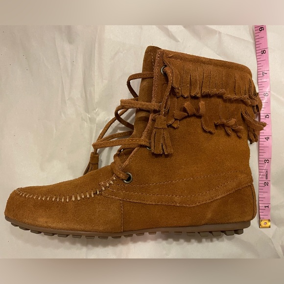 Minnetonka for J. Crew Double Fringe Suede Fur Lined Ankle Boots - Picture 6 of 13